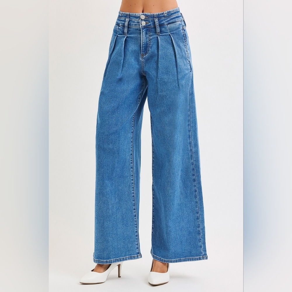 Risen MR Medium Wash Wide Leg Jeans Pleated Double Button Retro 80's Various NEW - Picture 6 of 15